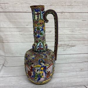 Vintage Satsuma Moriage Pitcher Vase LARGE Chinoiserie Hand Painted Geisha Scene